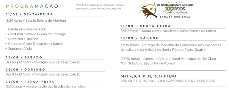 Programação da Mostra “De Santa Rita para o Mundo - 100 Anos de Tico-Tico no Fubá"